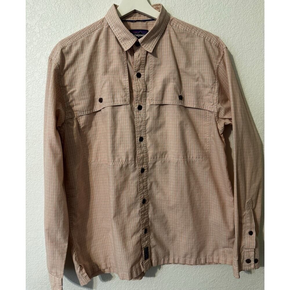Patagonia Button Down Shirt Mens M Orange Grid Check Long‎ Sleeve Fishing